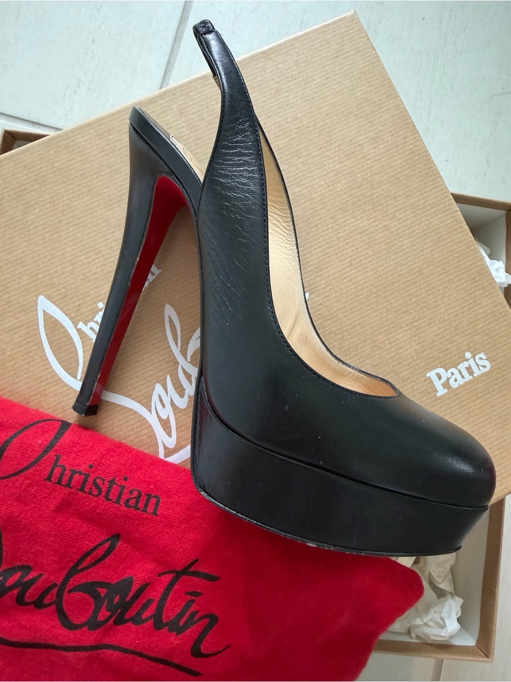 Christian Louboutin Black Leather Platform Slingback Pumps with Red Sole